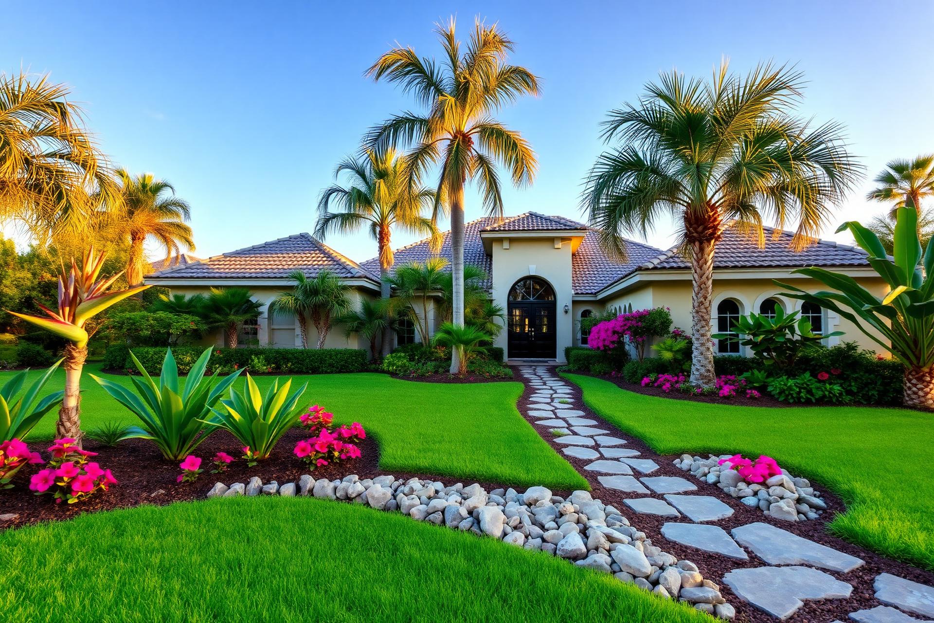 Lush Florida landscaped front yard with palms, bougainvillea and stone pathway